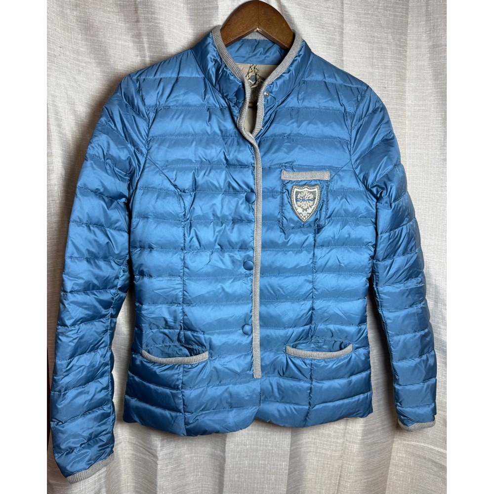 Luis Trenker Blue Quilted Down Jacket Women's Size 42 Blazer Style Embellished